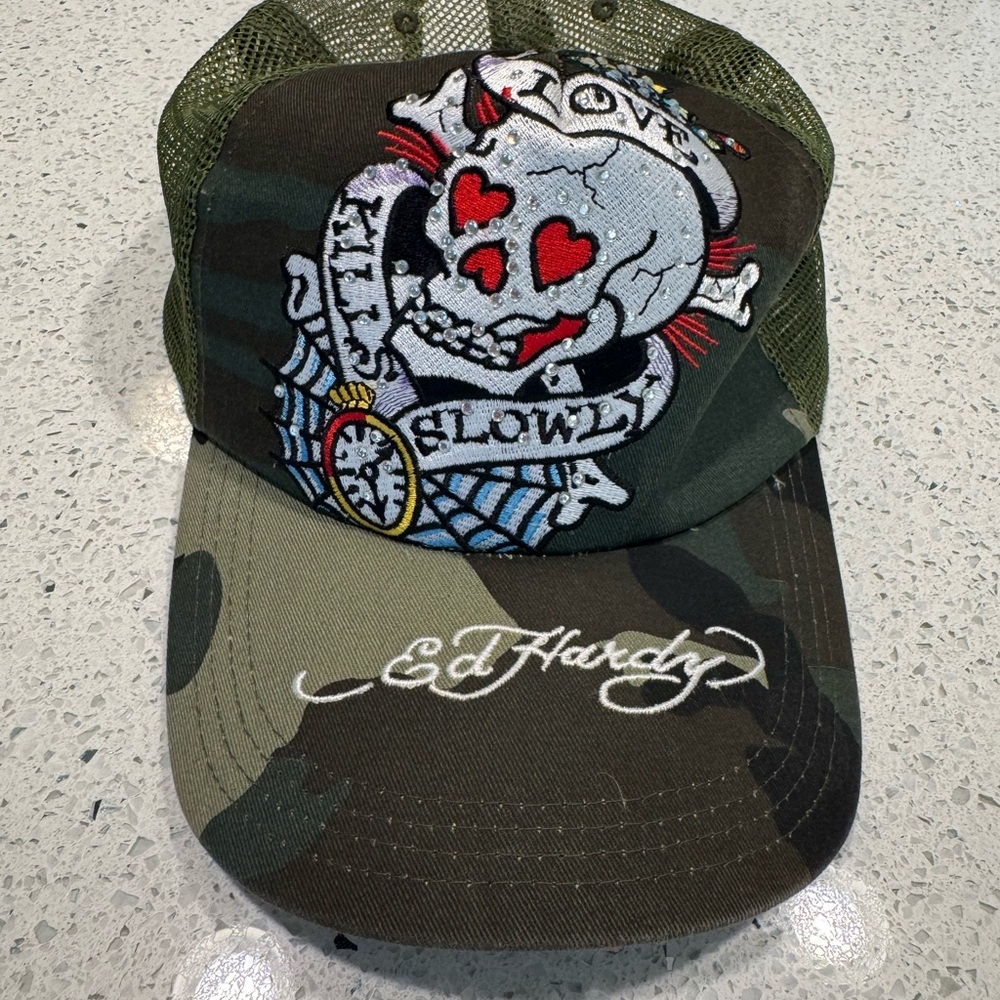 Y2K Ed Hardy Green Camouflage Skull Trucker Hat | Love Kills Slowly | Streetwear